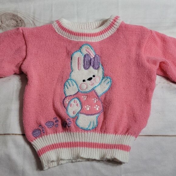 vintage Easter Sweater with Adorable Bunny Pink and White - Picture 2 of 7